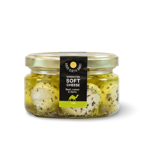Jar of marinated basil lemon garlic soft cheese