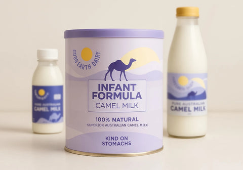 Good Earth Dairy infant formula camel milk packaging with bottles